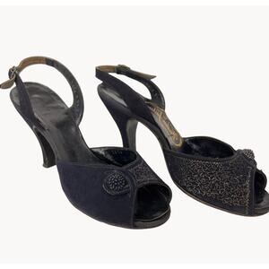 Vintage Navy Sling Back Peep Toe Heels 40s 50s Windsor Fashions Size 6.5 Shoes